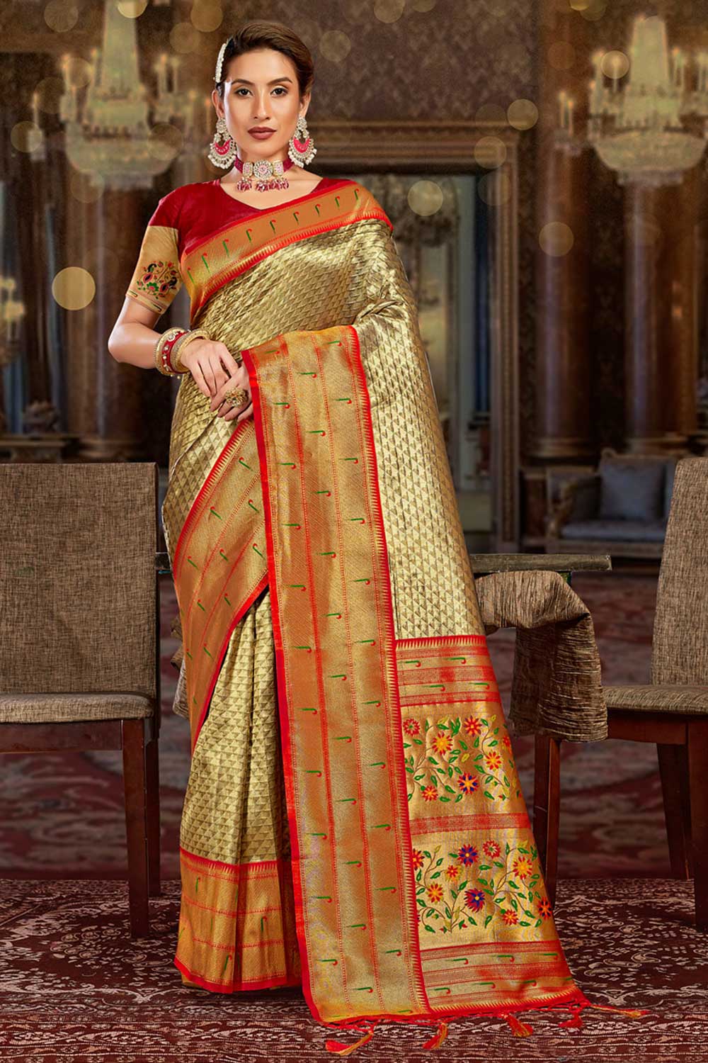 Buy Zoya Gold Paithani Art Silk One Minute Saree Online - One Minute Saree