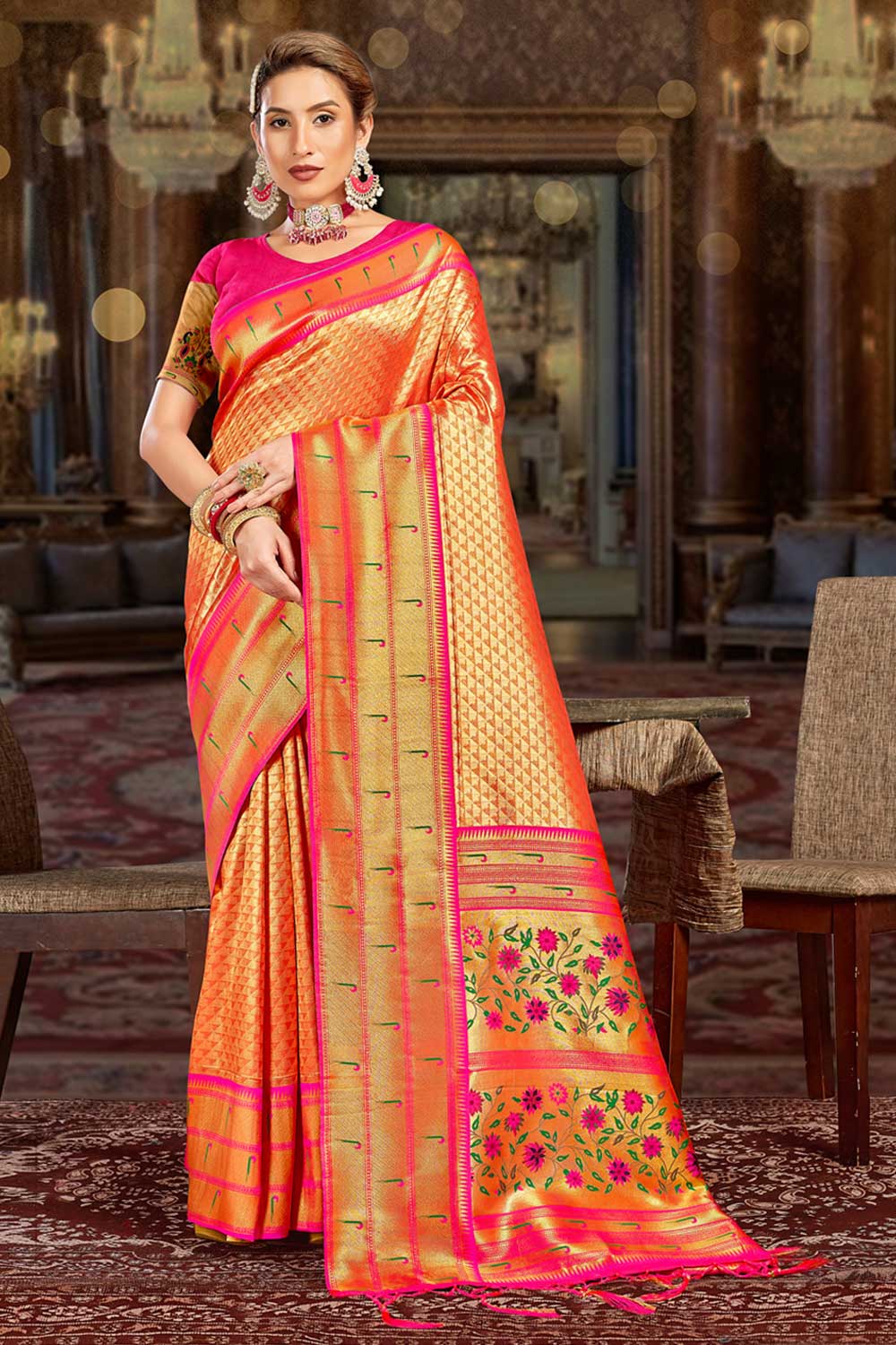 Buy Rina Orange Paithani Art Silk One Minute Saree Online - One Minute Saree