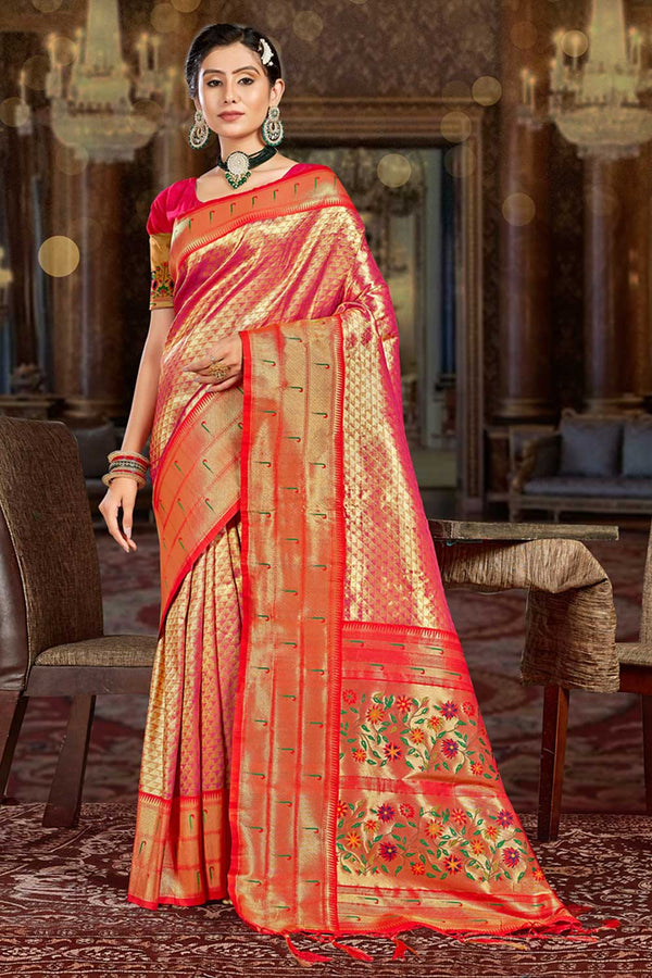 Buy Kiran Pink Paithani Art Silk One Minute Saree Online - One Minute Saree