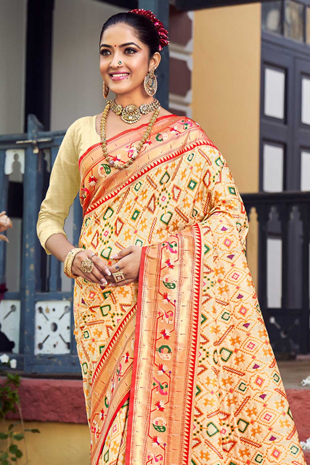 Buy Priya Beige Paithani Patola Art Silk One Minute Saree Online - One Minute Saree