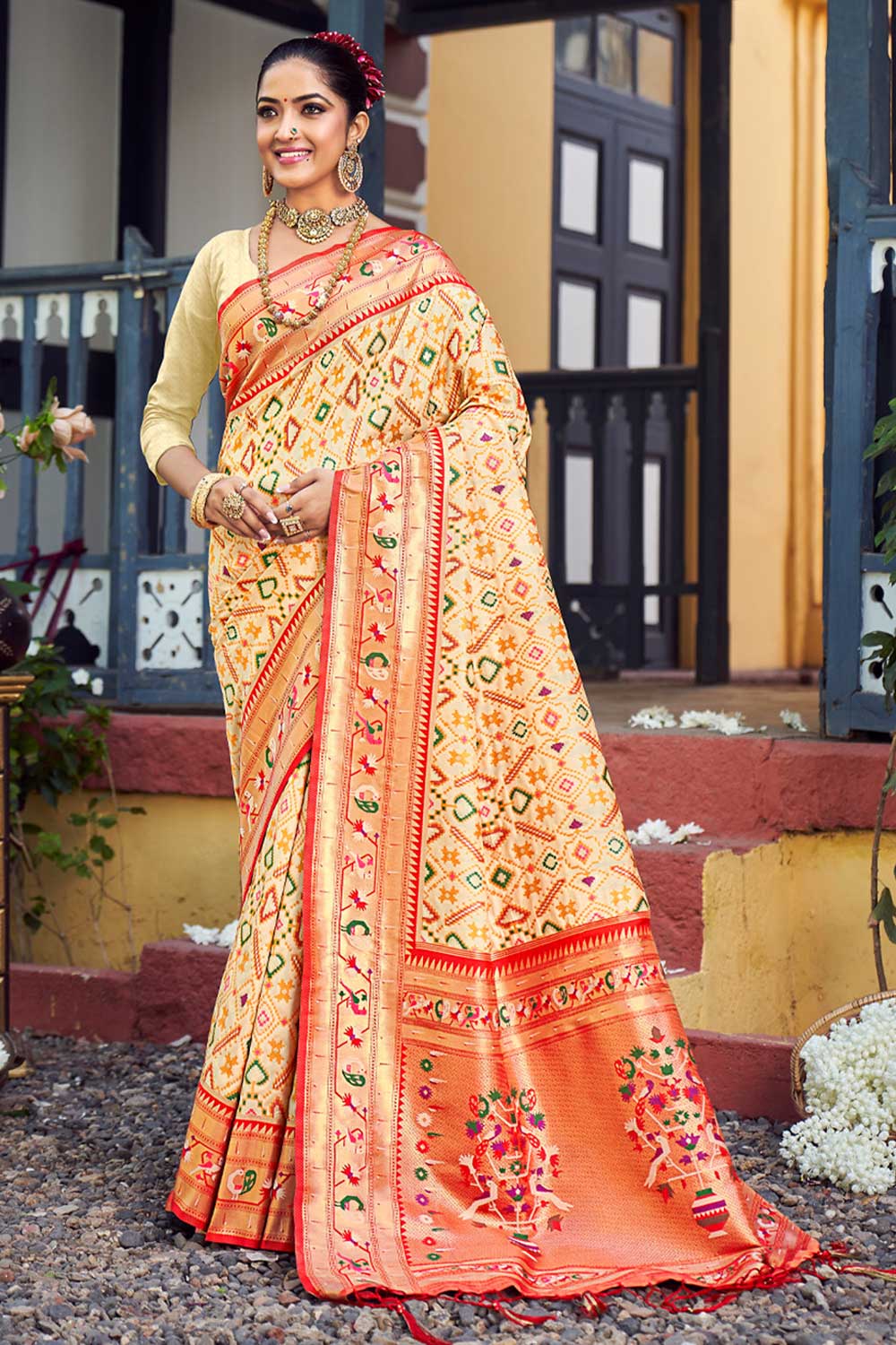 Shop Priya Beige Paithani Patola Art Silk One Minute Saree at best offer at our  Store - One Minute Saree