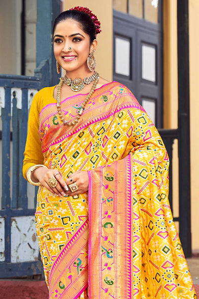 Buy Urva Yellow Paithani Patola Art Silk One Minute Saree Online - One Minute Saree