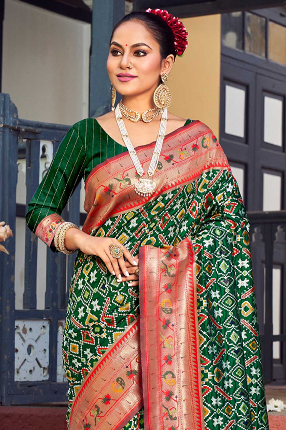 Buy Asha Green Paithani Patola Art Silk One Minute Saree Online - One Minute Saree