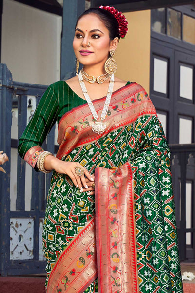 Buy Asha Green Paithani Patola Art Silk One Minute Saree Online - One Minute Saree