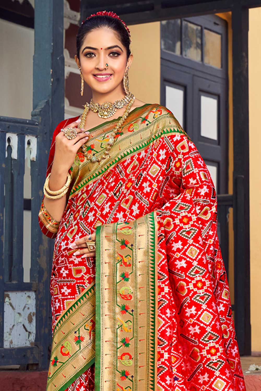 Buy Jodi Red Paithani Patola Art Silk One Minute Saree Online - One Minute Saree