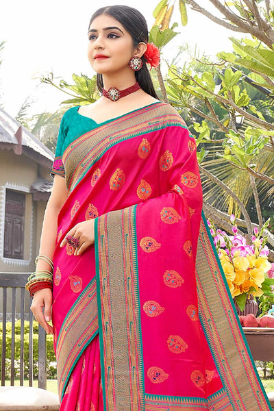 Shop Rekha Pink Paithani Art Silk One Minute Saree at best offer at our  Store - One Minute Saree