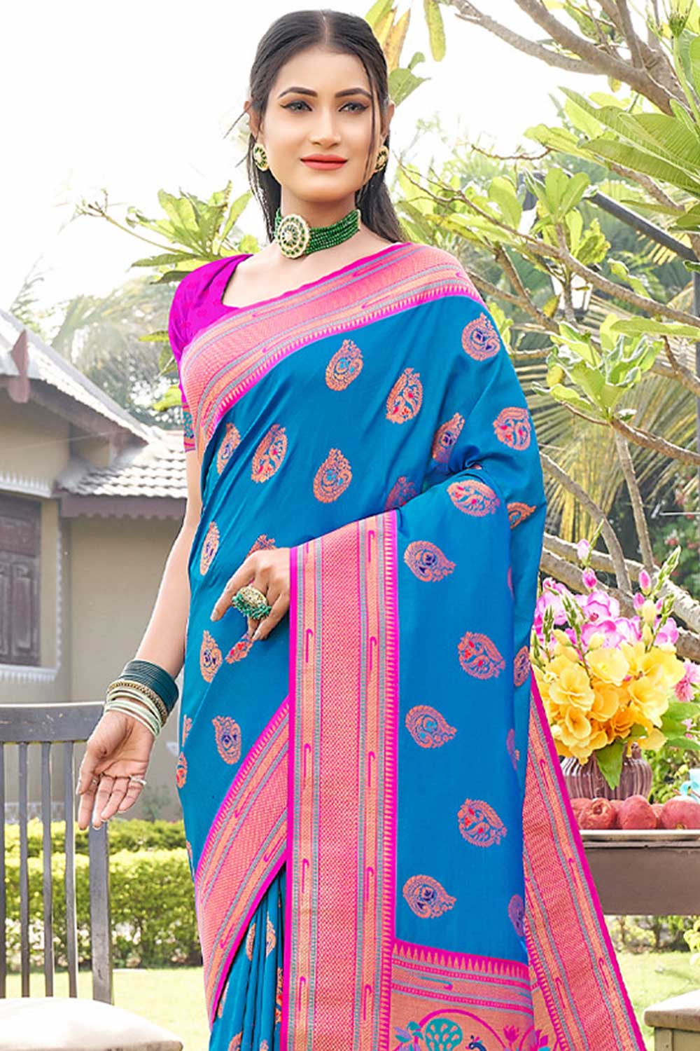 Shop Belisse Blue Paithani Art Silk One Minute Saree at best offer at our  Store - One Minute Saree