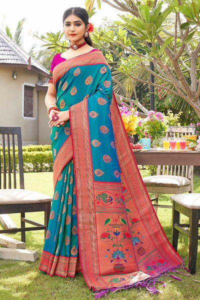 Buy Maya Turquoise Paithani Art Silk One Minute Saree Online - One Minute Saree