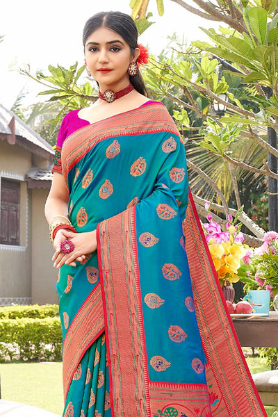 Shop Maya Turquoise Paithani Art Silk One Minute Saree at best offer at our  Store - One Minute Saree