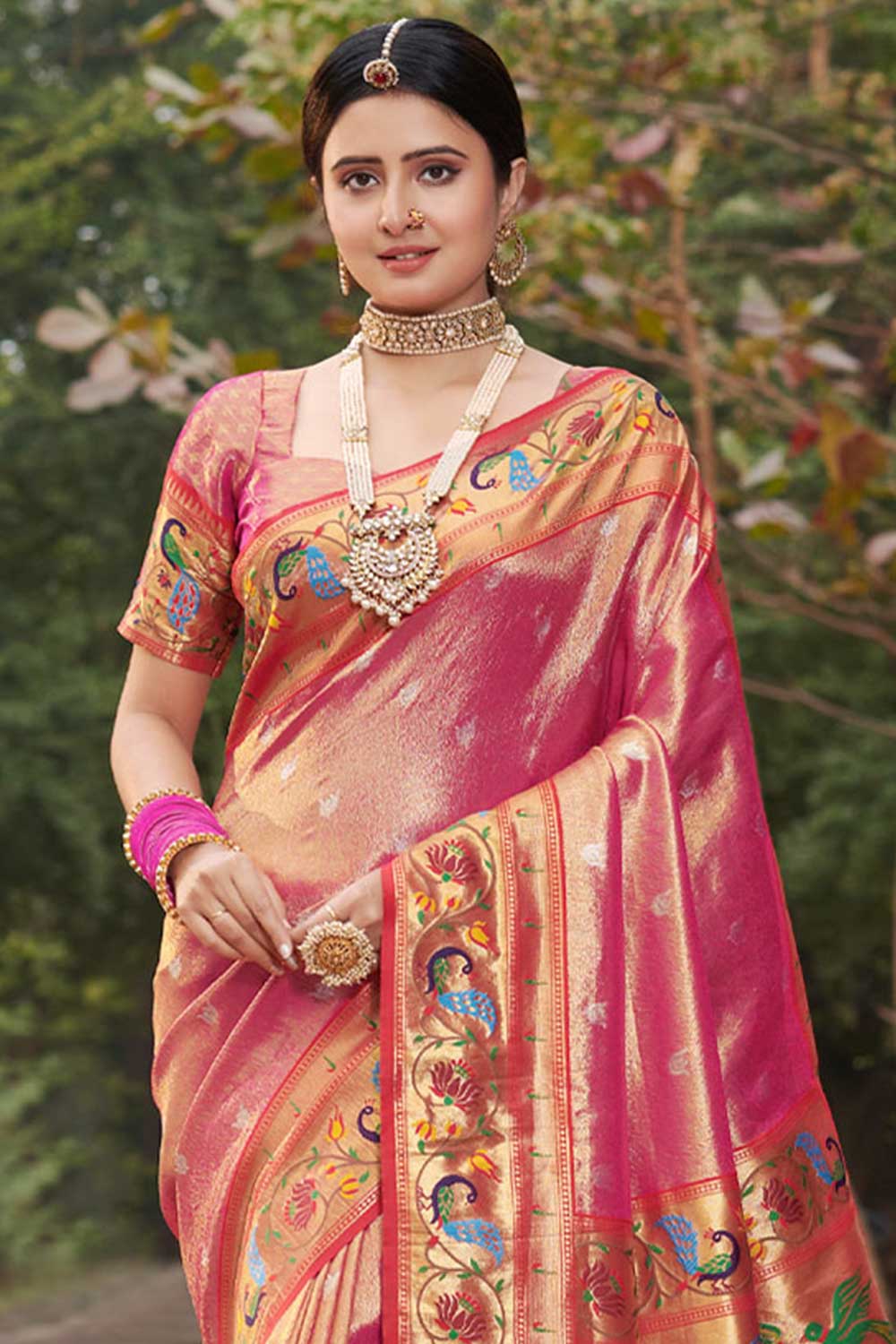 Buy Tanya Pink Paithani Art Silk One Minute Saree Online - One Minute Saree