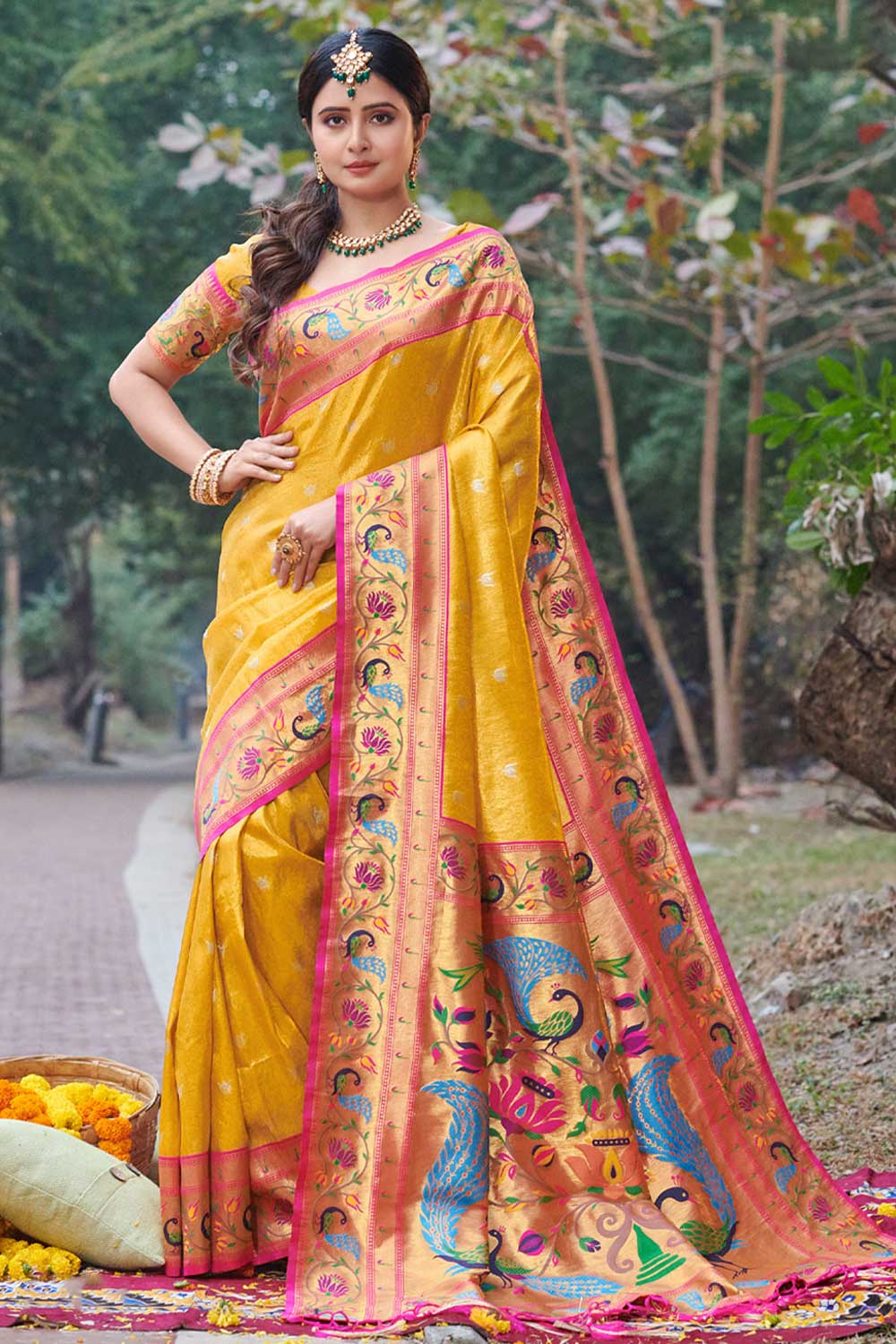 Buy Yellow Paithani Art Silk One Minute Saree Online - One Minute Saree