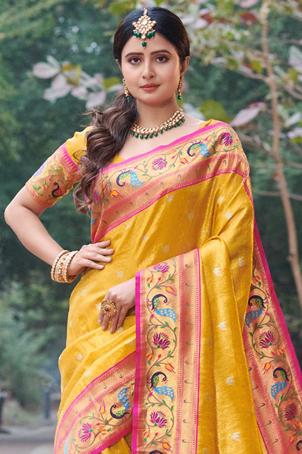 Buy Yellow Paithani Art Silk One Minute Saree Online - One Minute Saree