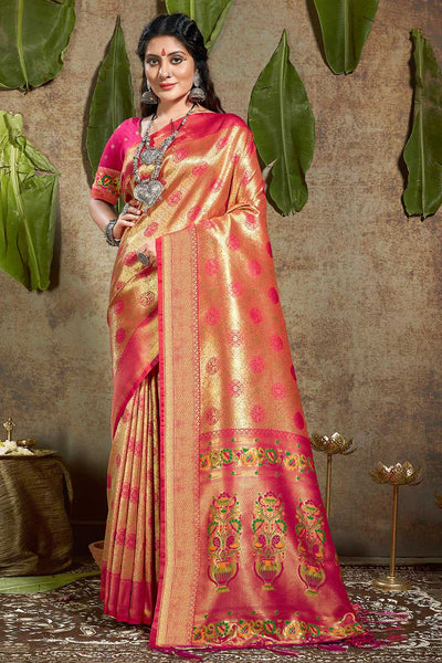 Buy Purva Pink Paithani Art Silk One Minute Saree Online - One Minute Saree
