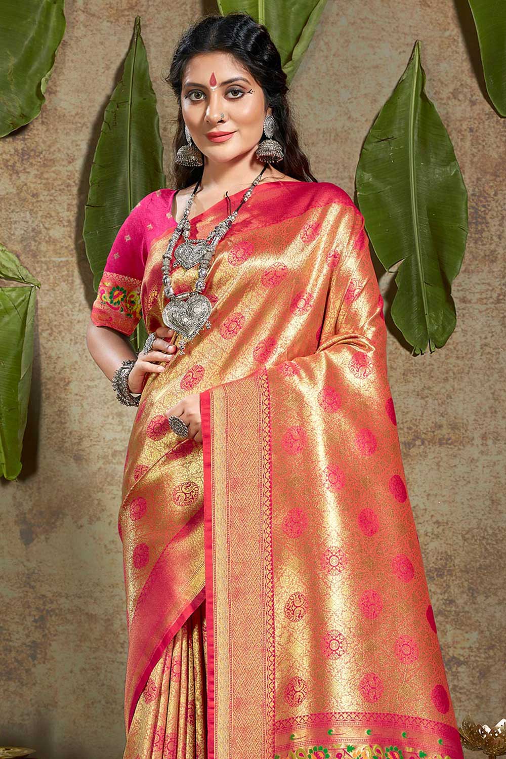 Shop Purva Pink Paithani Art Silk One Minute Saree at best offer at our  Store - One Minute Saree