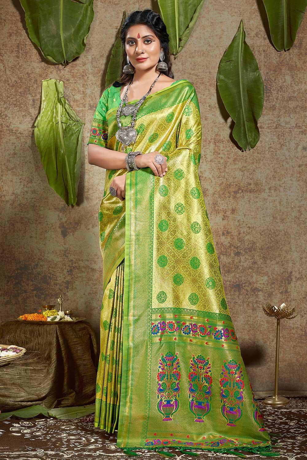 Buy Ayla Green Paithani Art Silk One Minute Saree Online - One Minute Saree