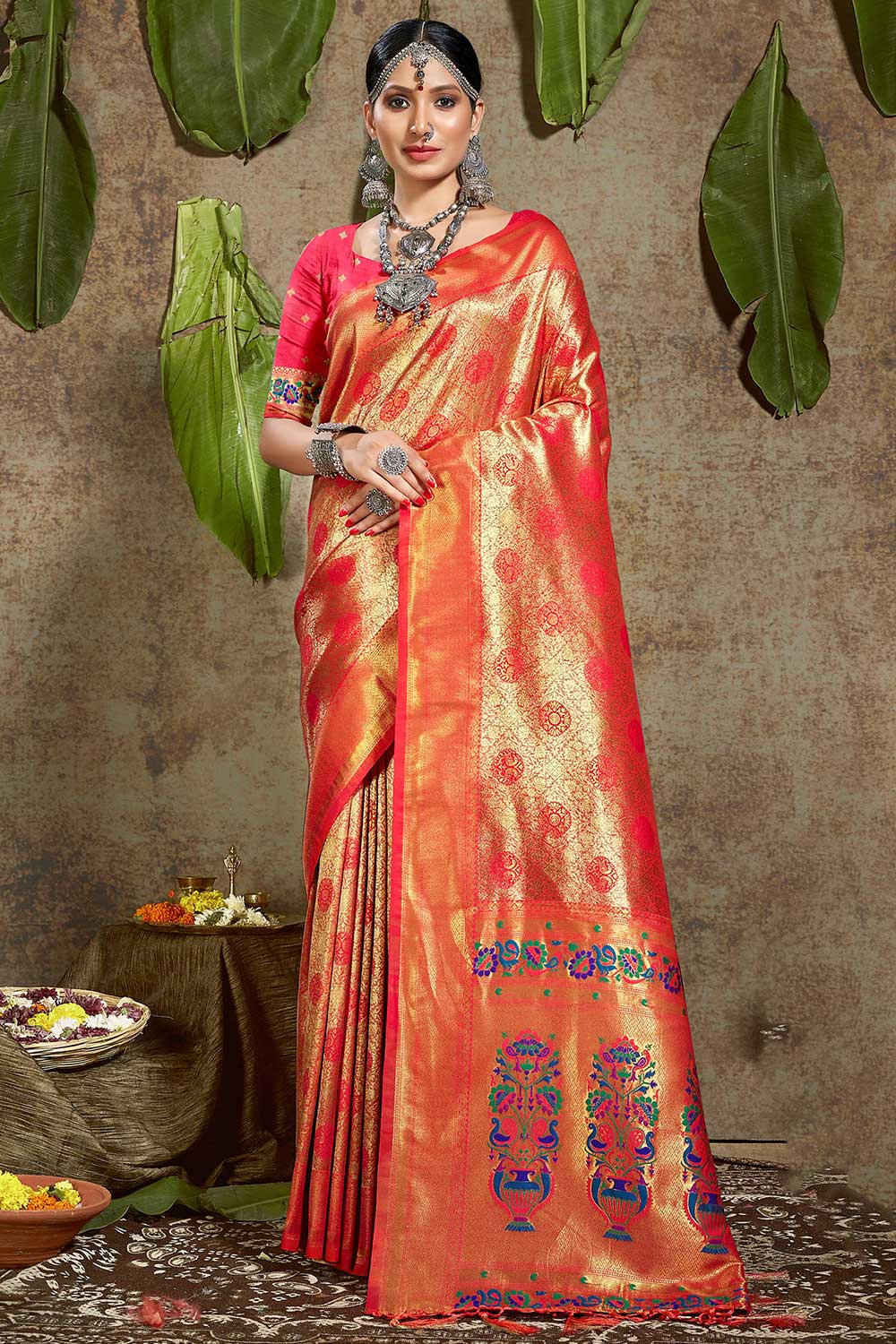 Buy Chanda Red Paithani Art Silk One Minute Saree Online - One Minute Saree