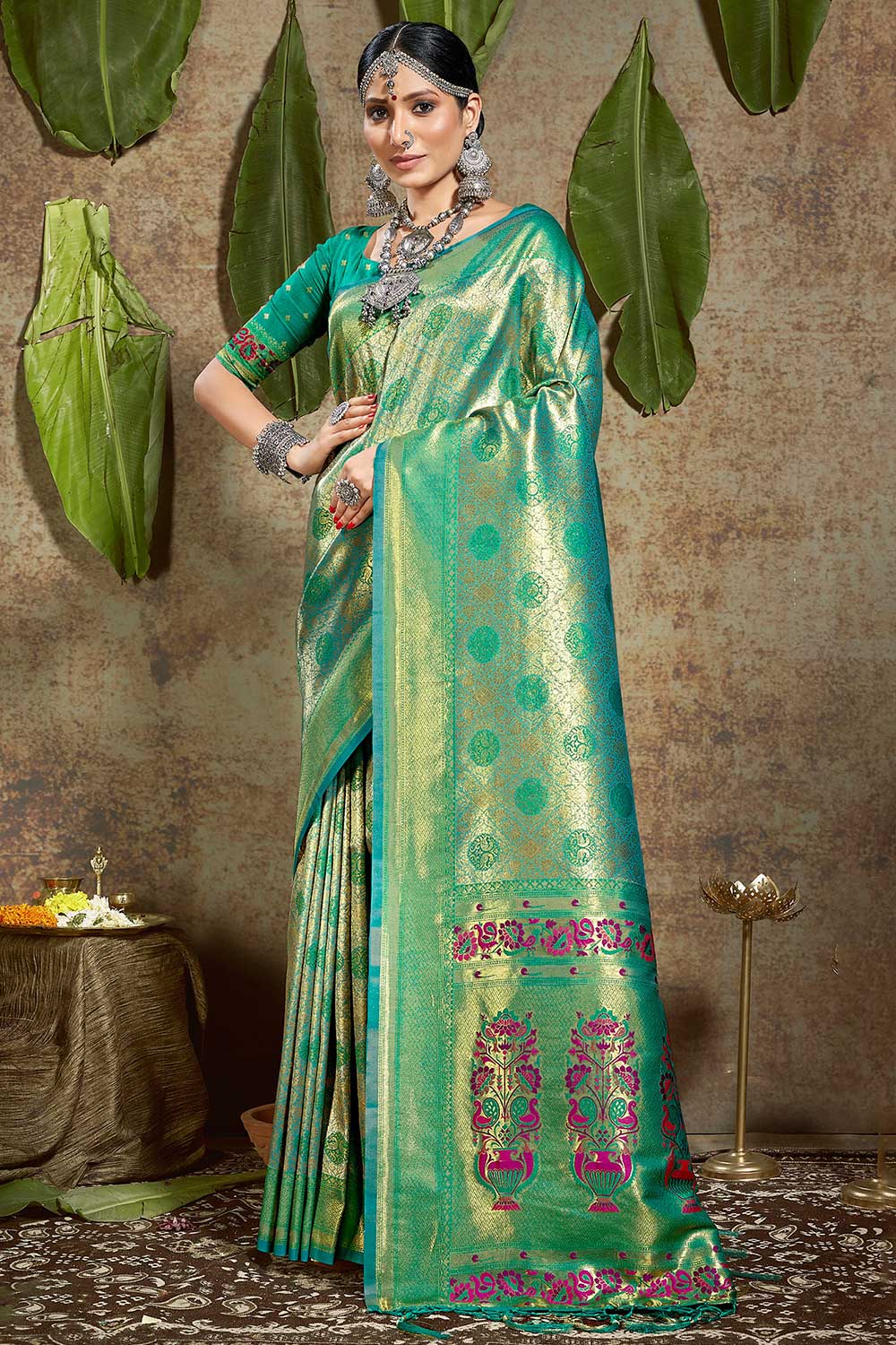 Buy Farah Turquoise Paithani Art Silk One Minute Saree Online - One Minute Saree