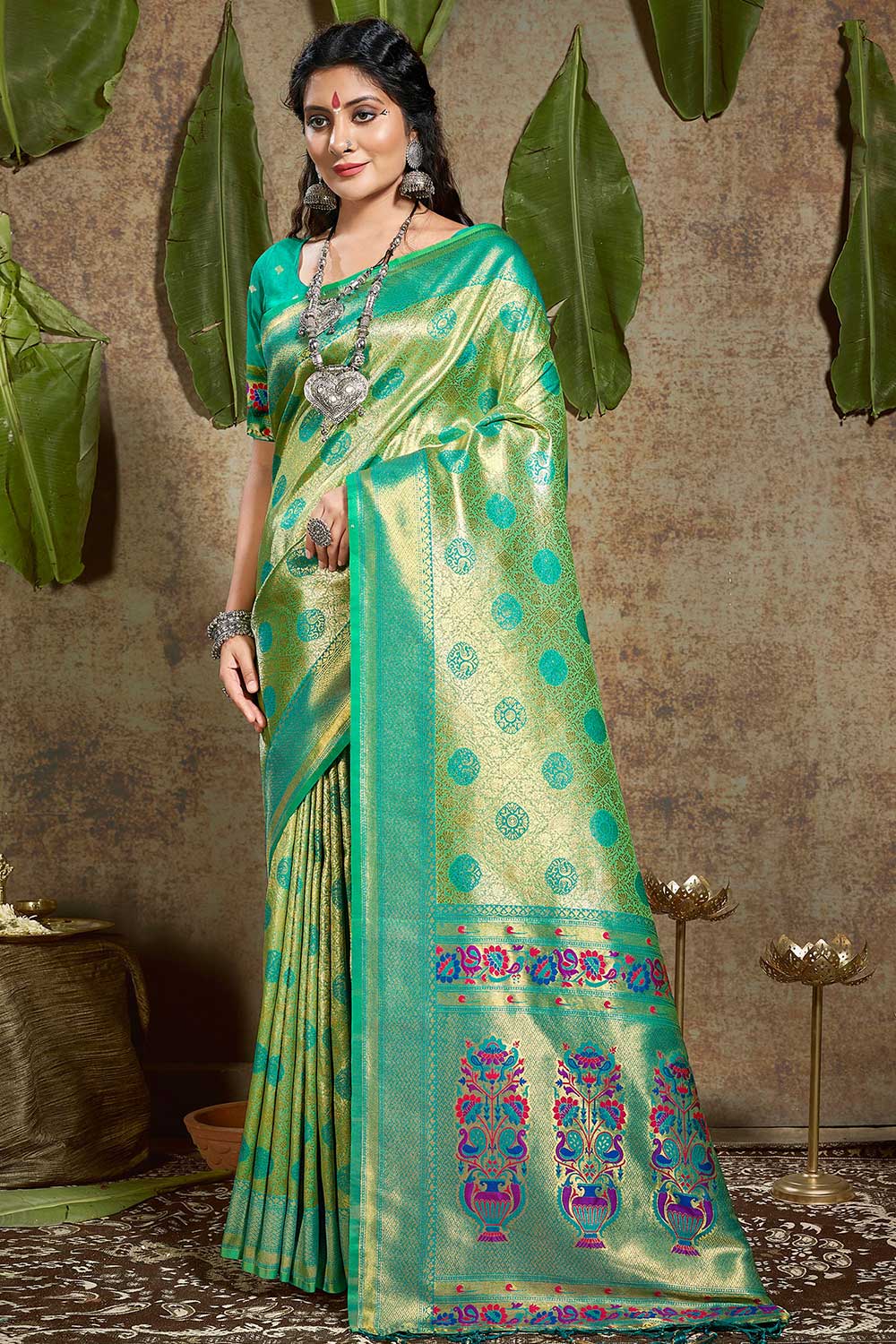 Buy Aarya Green Paithani Art Silk One Minute Saree Online - One Minute Saree