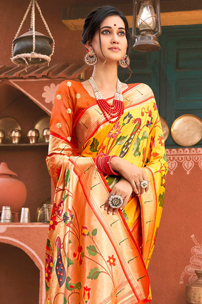 Buy Samira Yellow Paithani Art Silk One Minute Saree Online - One Minute Saree