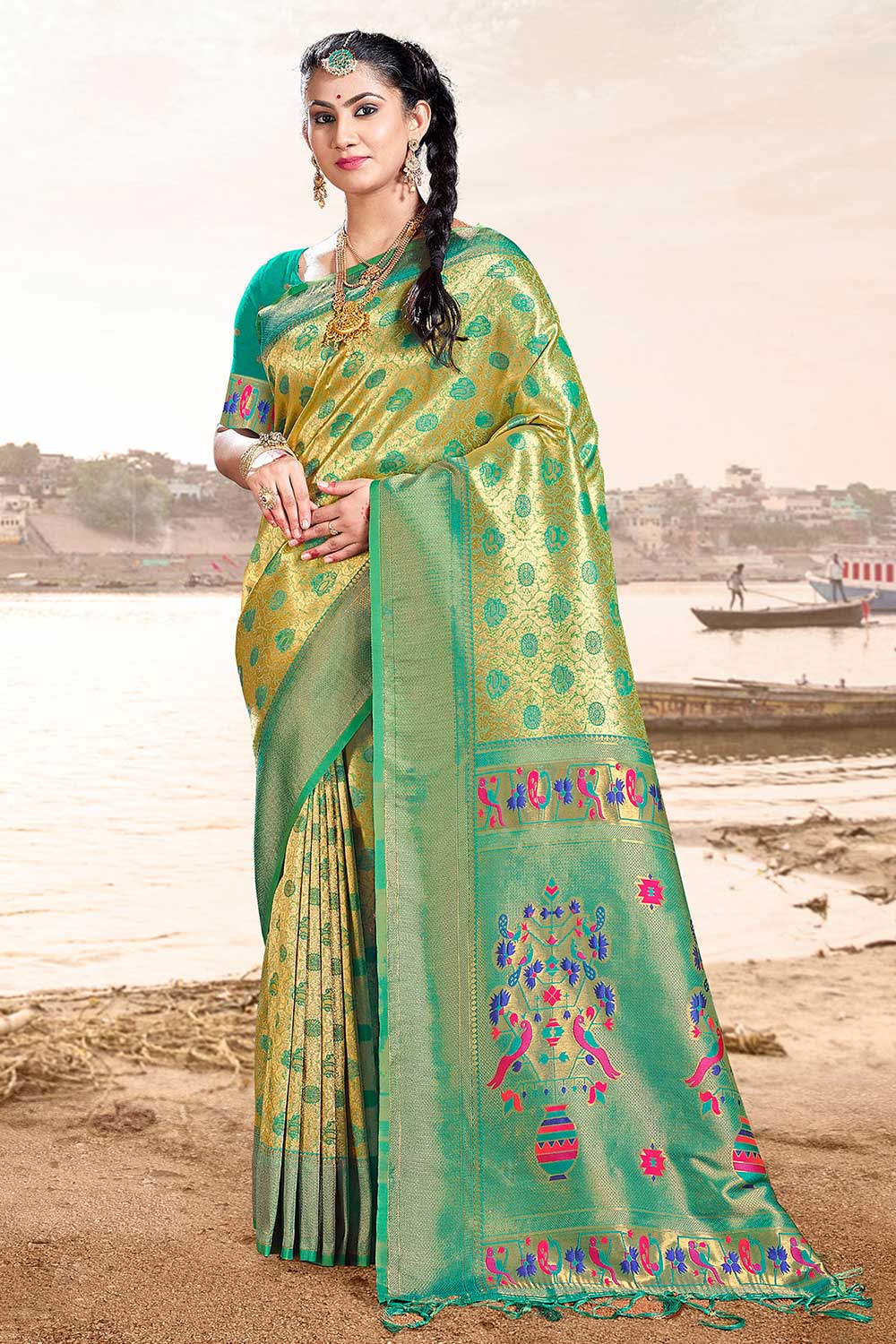 Buy Laila Turquoise Paithani Art Silk One Minute Saree Online - One Minute Saree