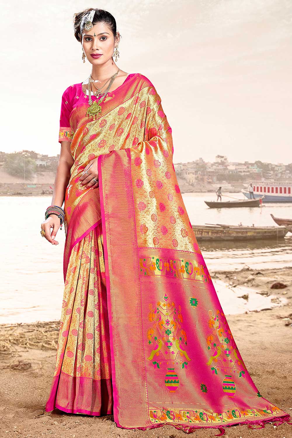 Buy Gina Gold and Pink Paithani Art Silk One Minute Saree Online - One Minute Saree