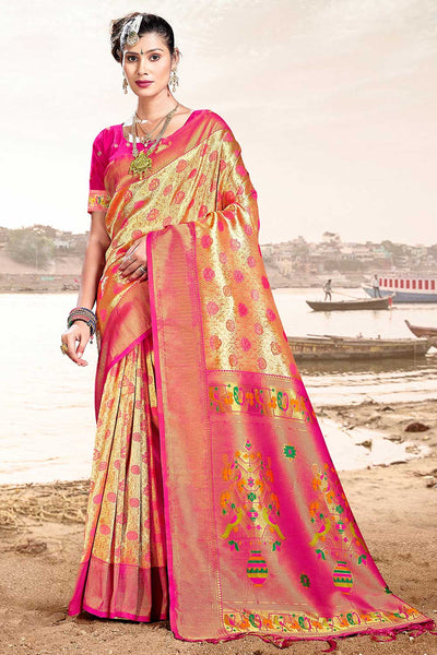 Buy Gina Gold and Pink Paithani Art Silk One Minute Saree Online - One Minute Saree