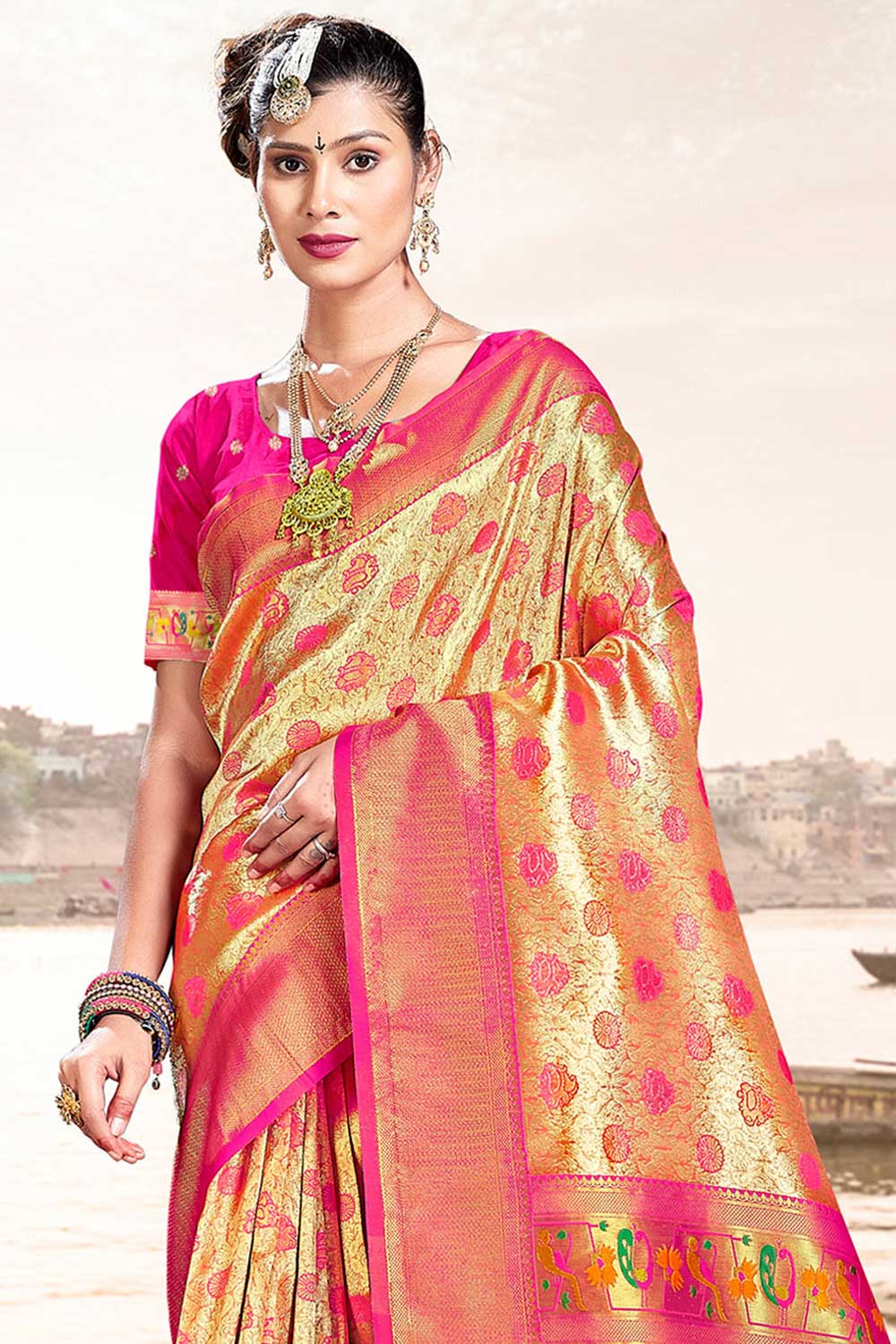 Shop Gina Gold and Pink Paithani Art Silk One Minute Saree at best offer at our  Store - One Minute Saree
