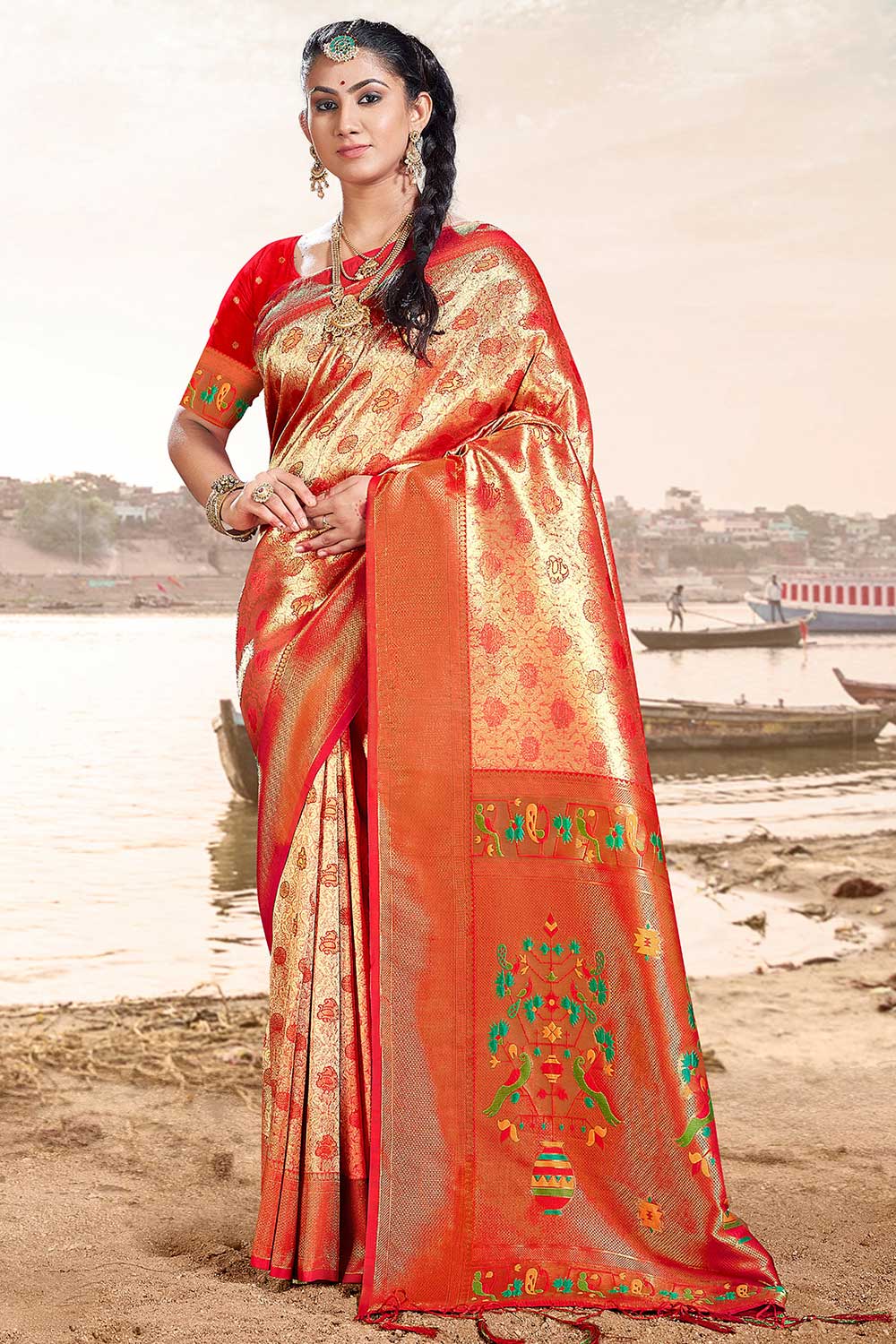 Buy Eshana Red Paithani Art Silk One Minute Saree Online - One Minute Saree