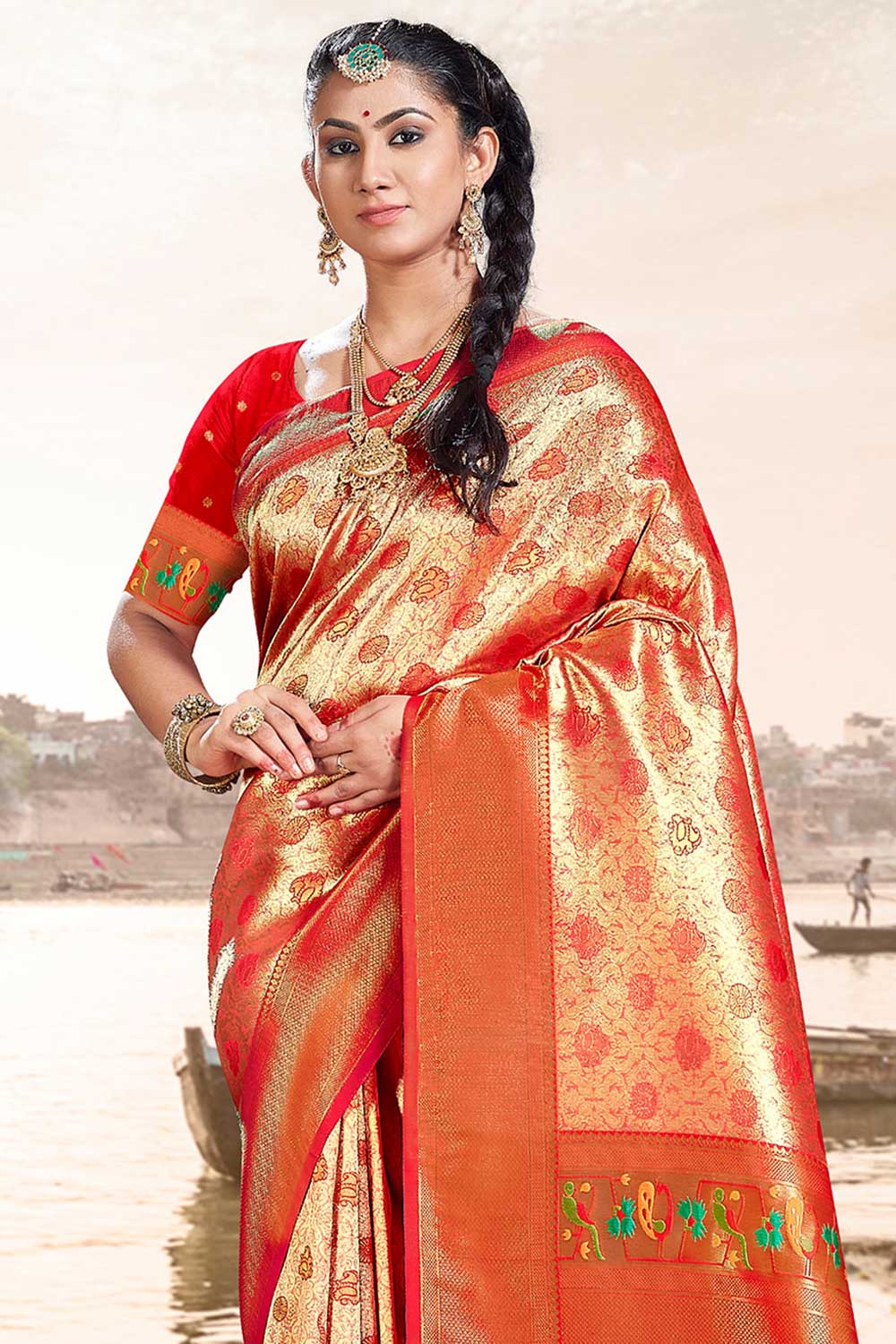 Shop Eshana Red Paithani Art Silk One Minute Saree at best offer at our  Store - One Minute Saree