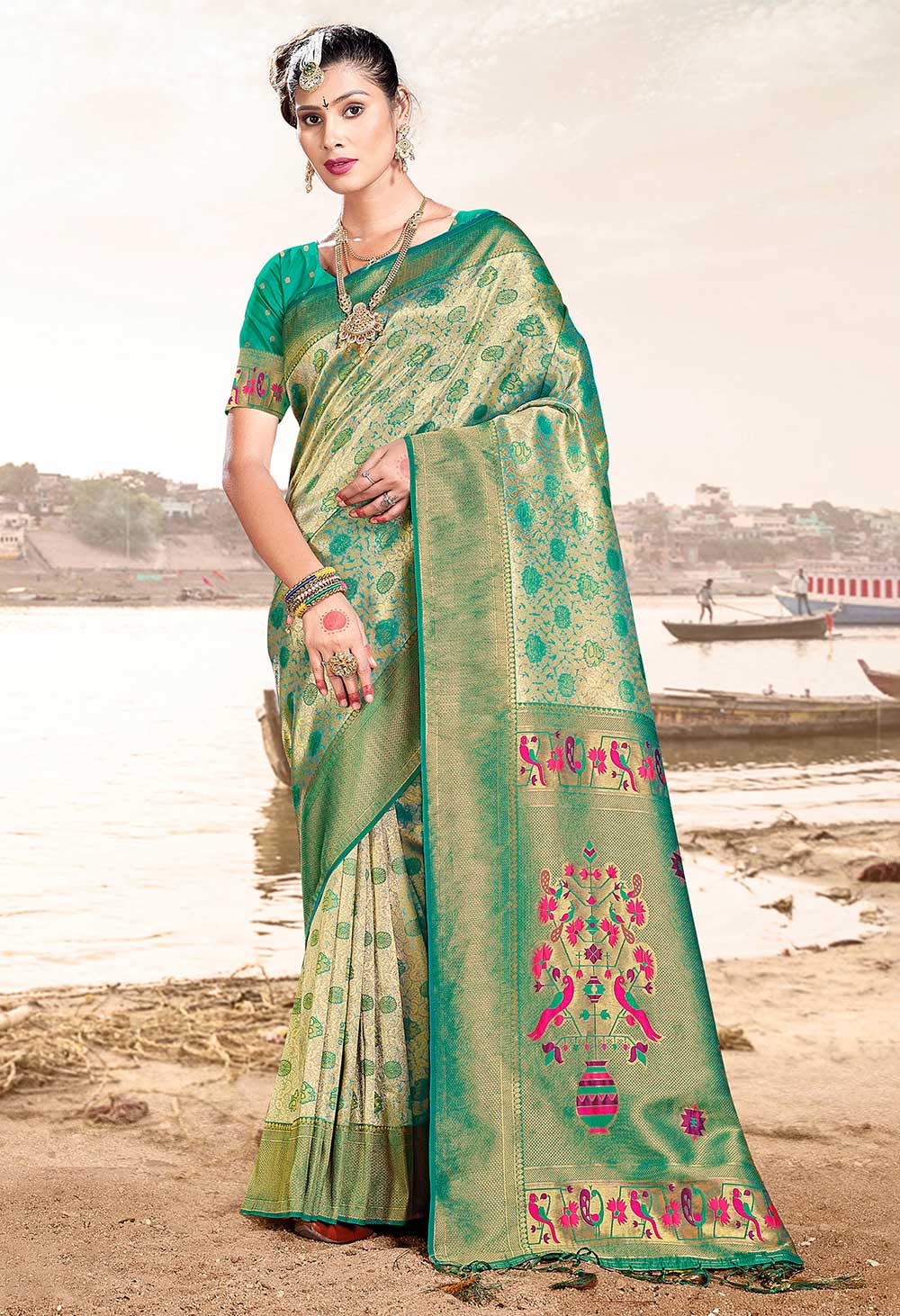 Buy Lara Green Paithani Art Silk One Minute Saree Online - One Minute Saree