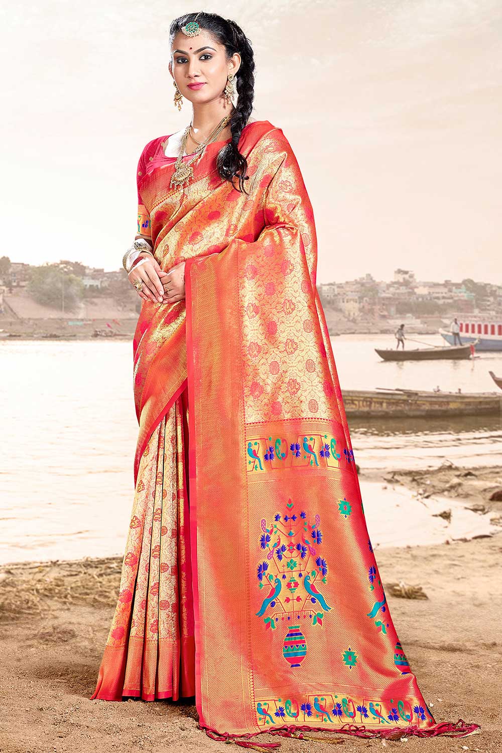 Buy Puri Gold and Pink Paithani Art Silk One Minute Saree Online - One Minute Saree
