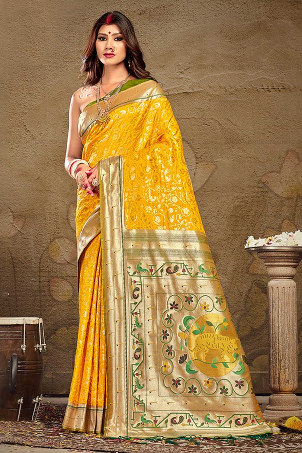 Shop Veda Yellow Paithani Art Silk One Minute Saree at best offer at our  Store - One Minute Saree