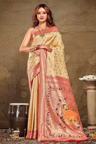 Shop Nora Beige Paithani Art Silk One Minute Saree at best offer at our  Store - One Minute Saree
