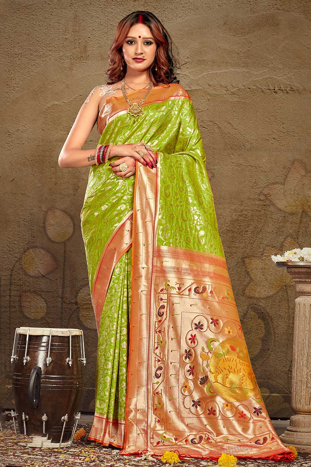 Shop Deepti Green Paithani Art Silk One Minute Saree at best offer at our  Store - One Minute Saree