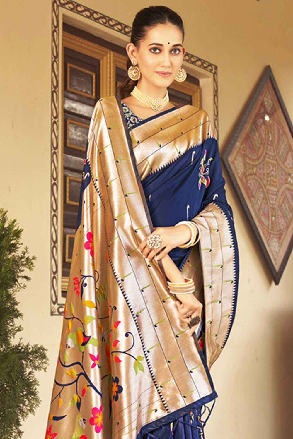 Buy Amika Dark Blue Paithani Art Silk One Minute Saree Online - One Minute Saree