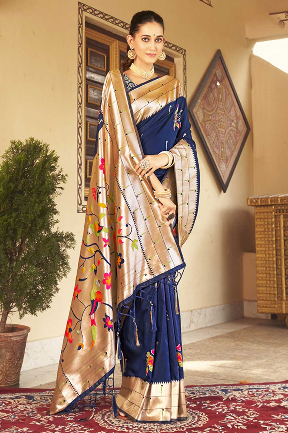 Shop Amika Dark Blue Paithani Art Silk One Minute Saree at best offer at our  Store - One Minute Saree