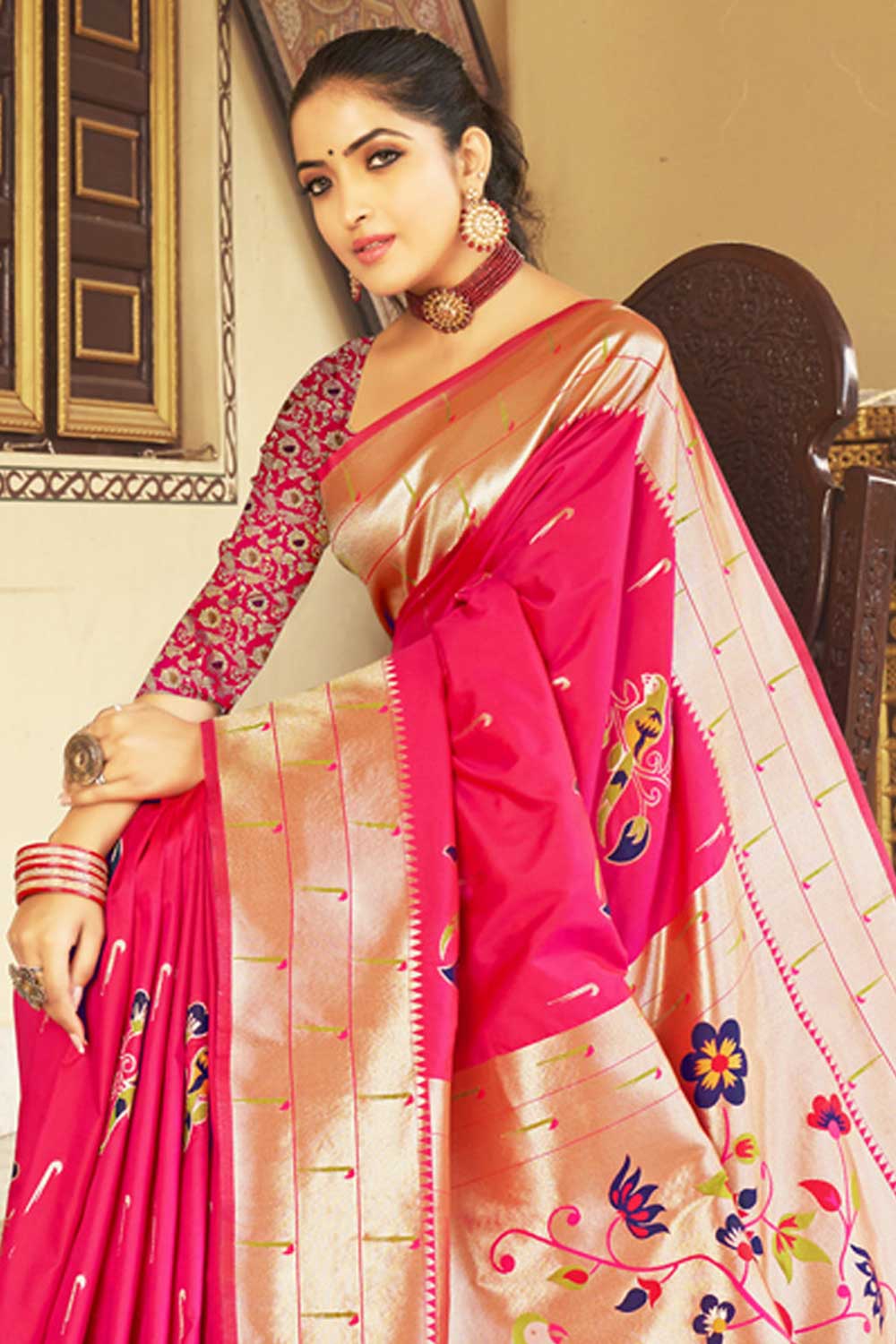 Buy Deepti Pink Paithani Art Silk One Minute Saree Online - One Minute Saree