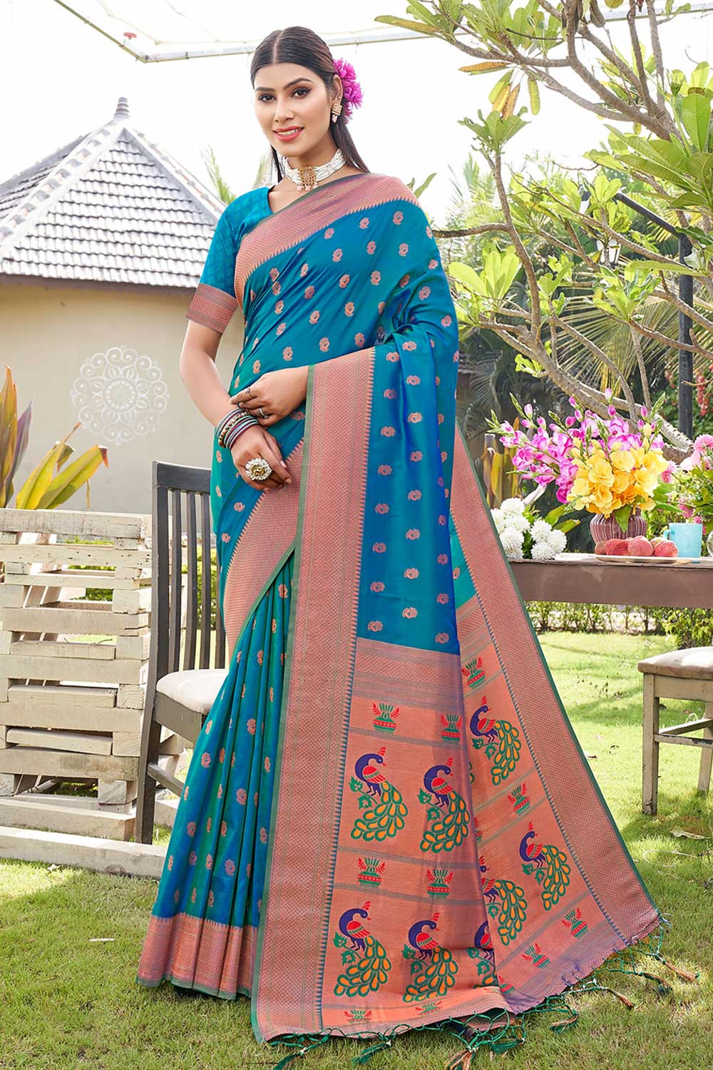 Buy Fatima Turquoise Paithani Art Silk One Minute Saree Online - One Minute Saree