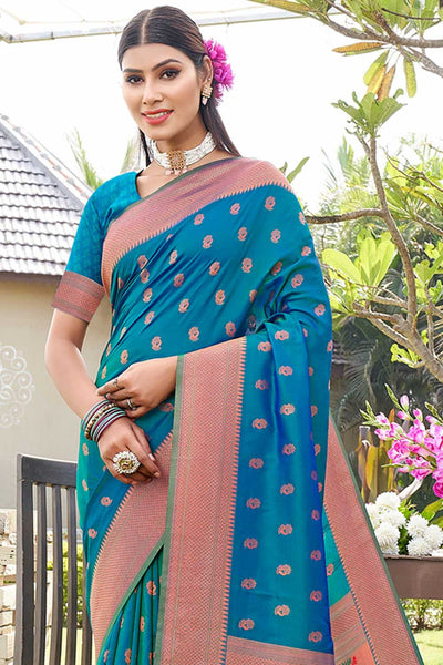 Shop Fatima Turquoise Paithani Art Silk One Minute Saree at best offer at our  Store - One Minute Saree