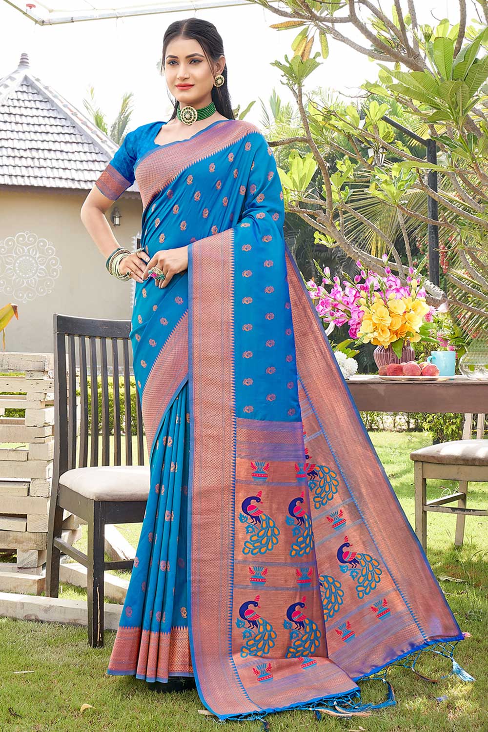 Shop Aneena Blue Paithani Art Silk One Minute Saree at best offer at our  Store - One Minute Saree