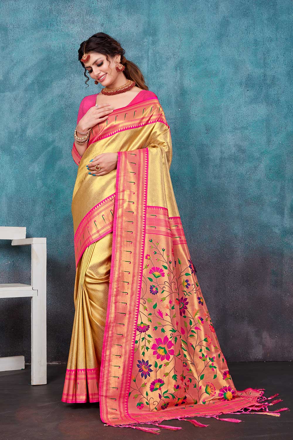 Buy Payal Gold Paithani Art Silk One Minute Saree Online - One Minute Saree