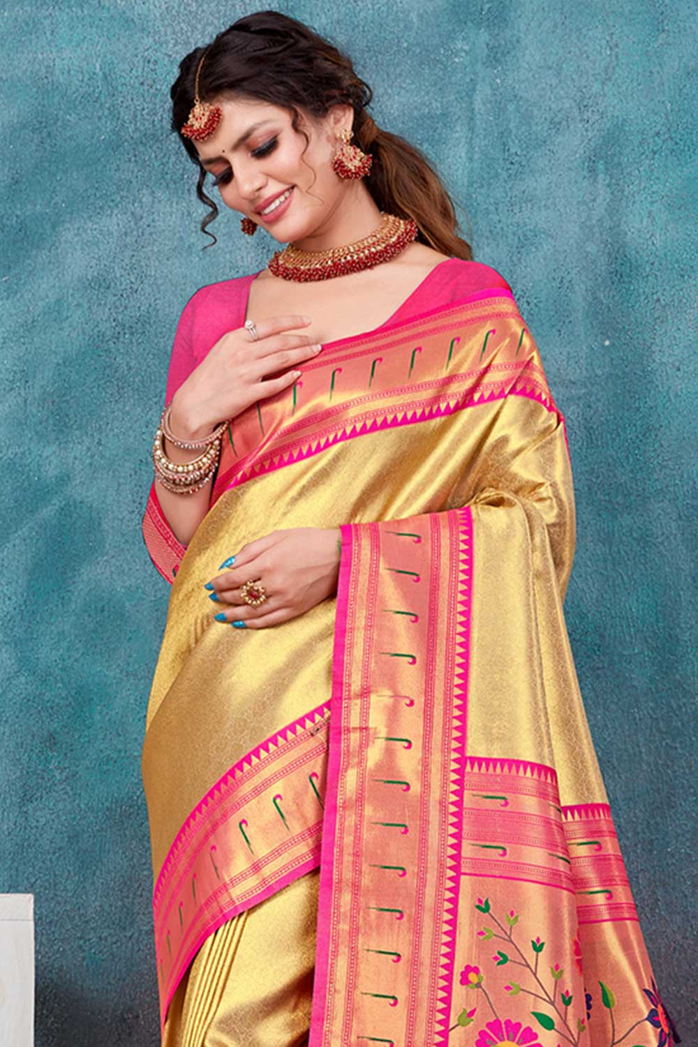 Shop Payal Gold Paithani Art Silk One Minute Saree at best offer at our  Store - One Minute Saree