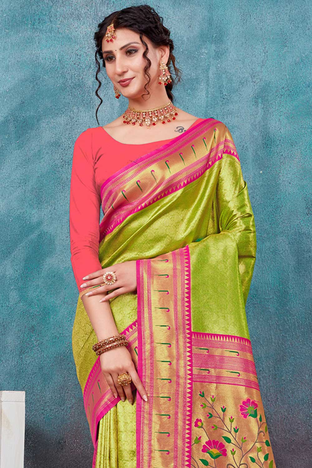 Shop Mia Green Paithani Art Silk One Minute Saree at best offer at our  Store - One Minute Saree