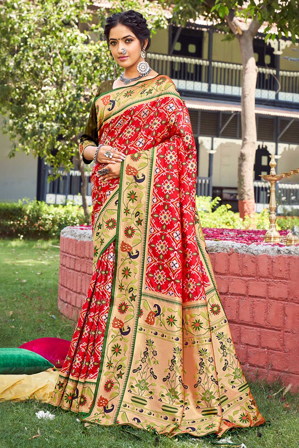 Buy Sara Red Paithani Patola Art Silk One Minute Saree Online - One Minute Saree