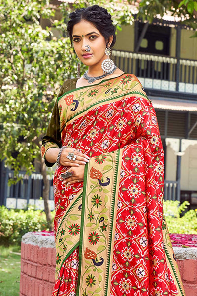 Shop Sara Red Paithani Patola Art Silk One Minute Saree at best offer at our  Store - One Minute Saree