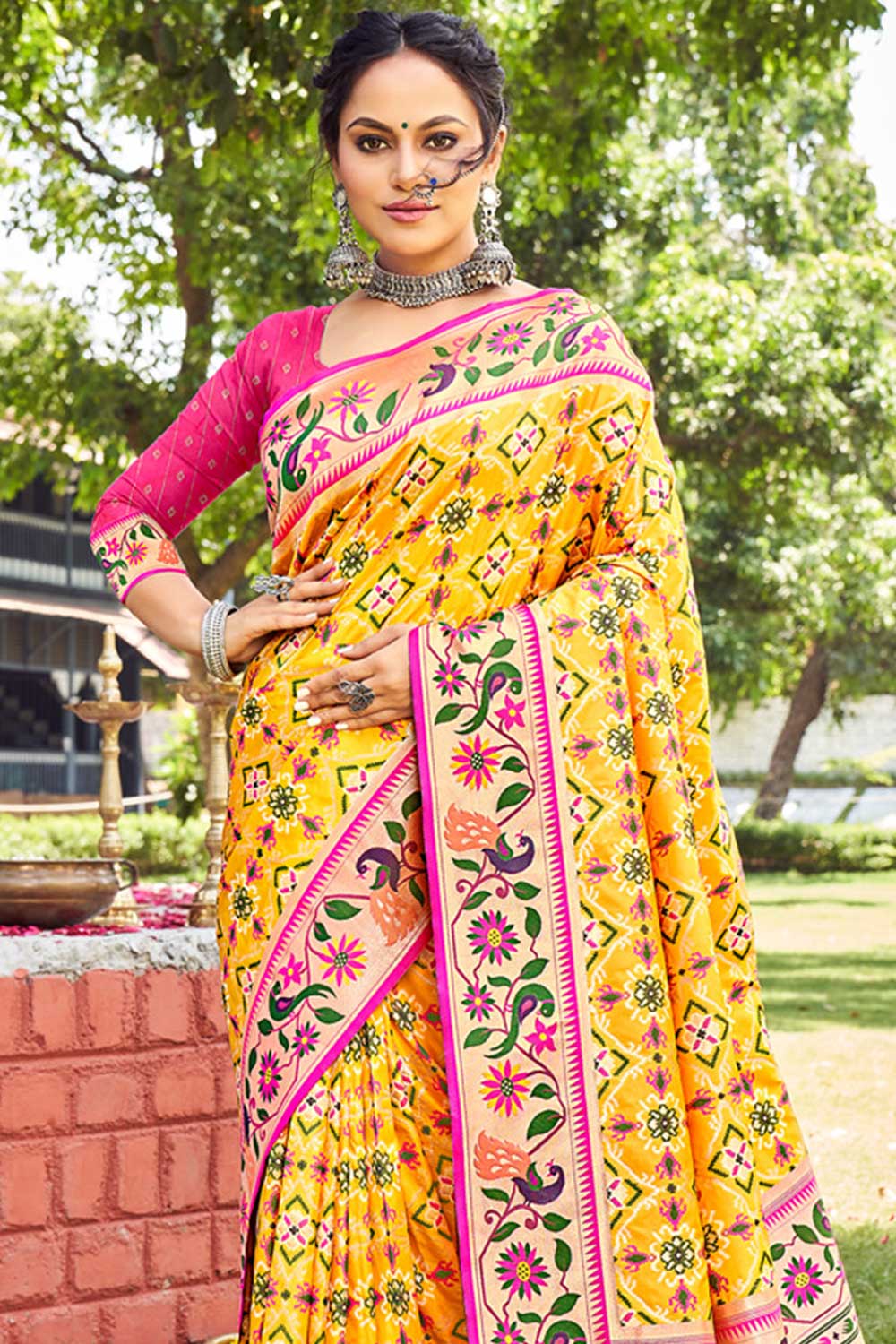 Buy Chand Yellow Paithani Patola Art Silk One Minute Saree Online - One Minute Saree