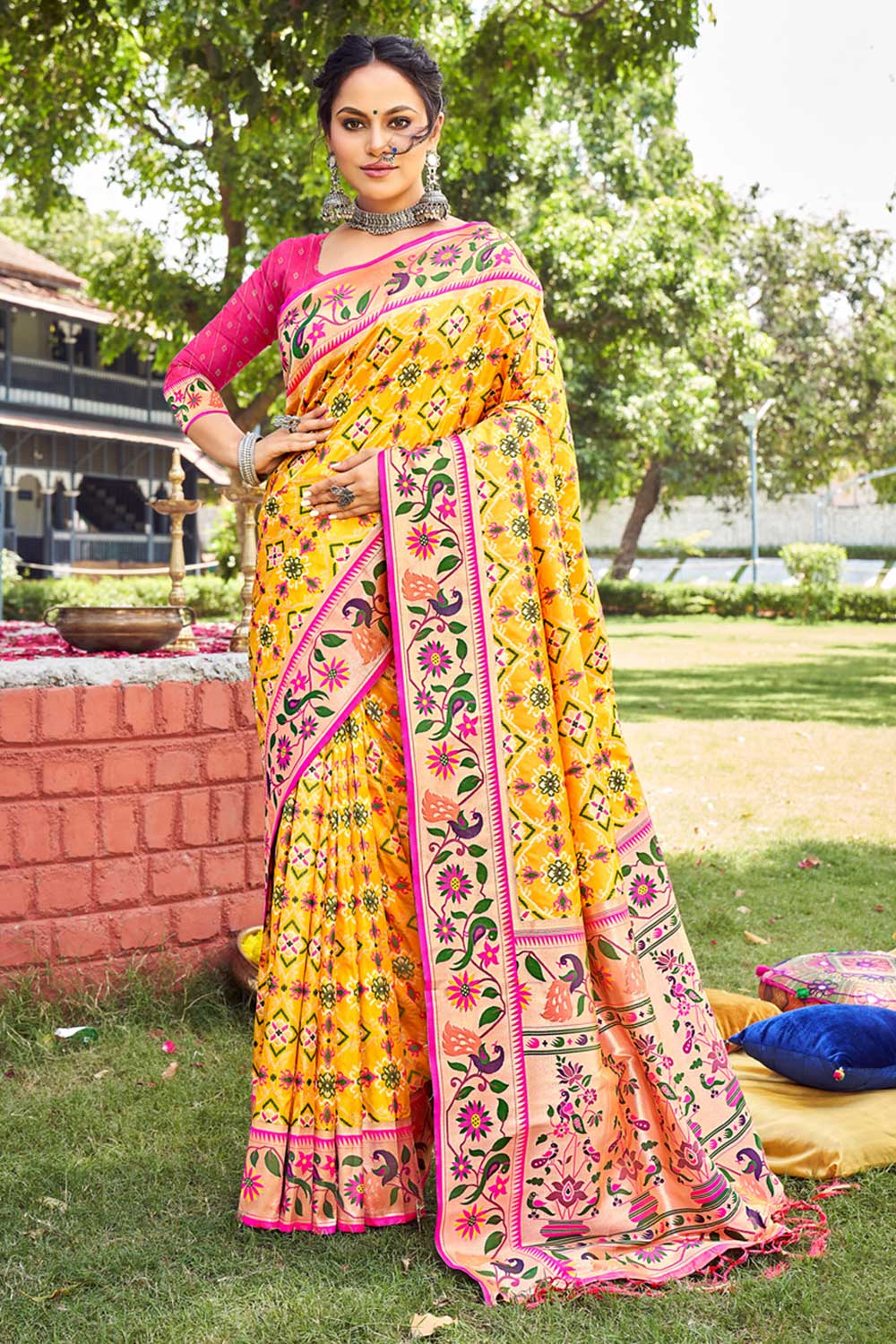 Shop Chand Yellow Paithani Patola Art Silk One Minute Saree at best offer at our  Store - One Minute Saree