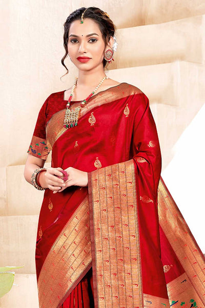 Buy Lalita Red Paithani Art Silk One Minute Saree Online - One Minute Saree