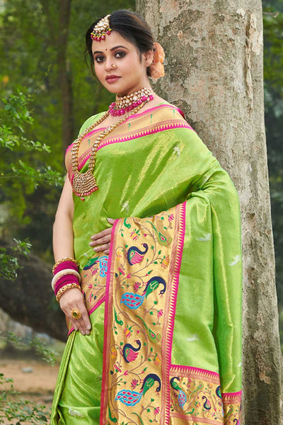 Shop Aarthi Green Paithani Art Silk One Minute Saree at best offer at our  Store - One Minute Saree