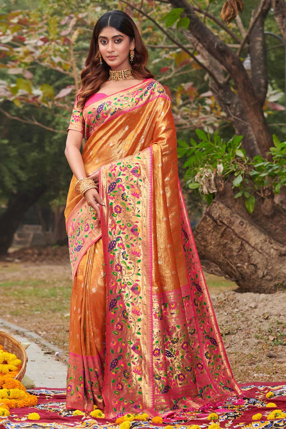 Buy Poonam Orange Paithani Art Silk One Minute Saree Online - One Minute Saree